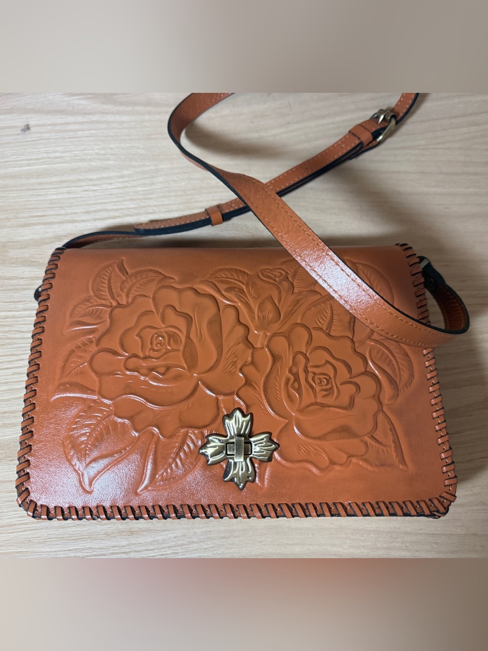 PATRICIA NASH Briwn Mabilia Tooled Leather Flap Crossbody Turn Lock